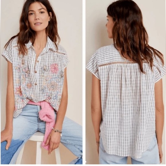 ANTHROPOLOGIE Pilcro Serena Surf Henley Linen Blend Blouse Size XS - Picture 1 of 10